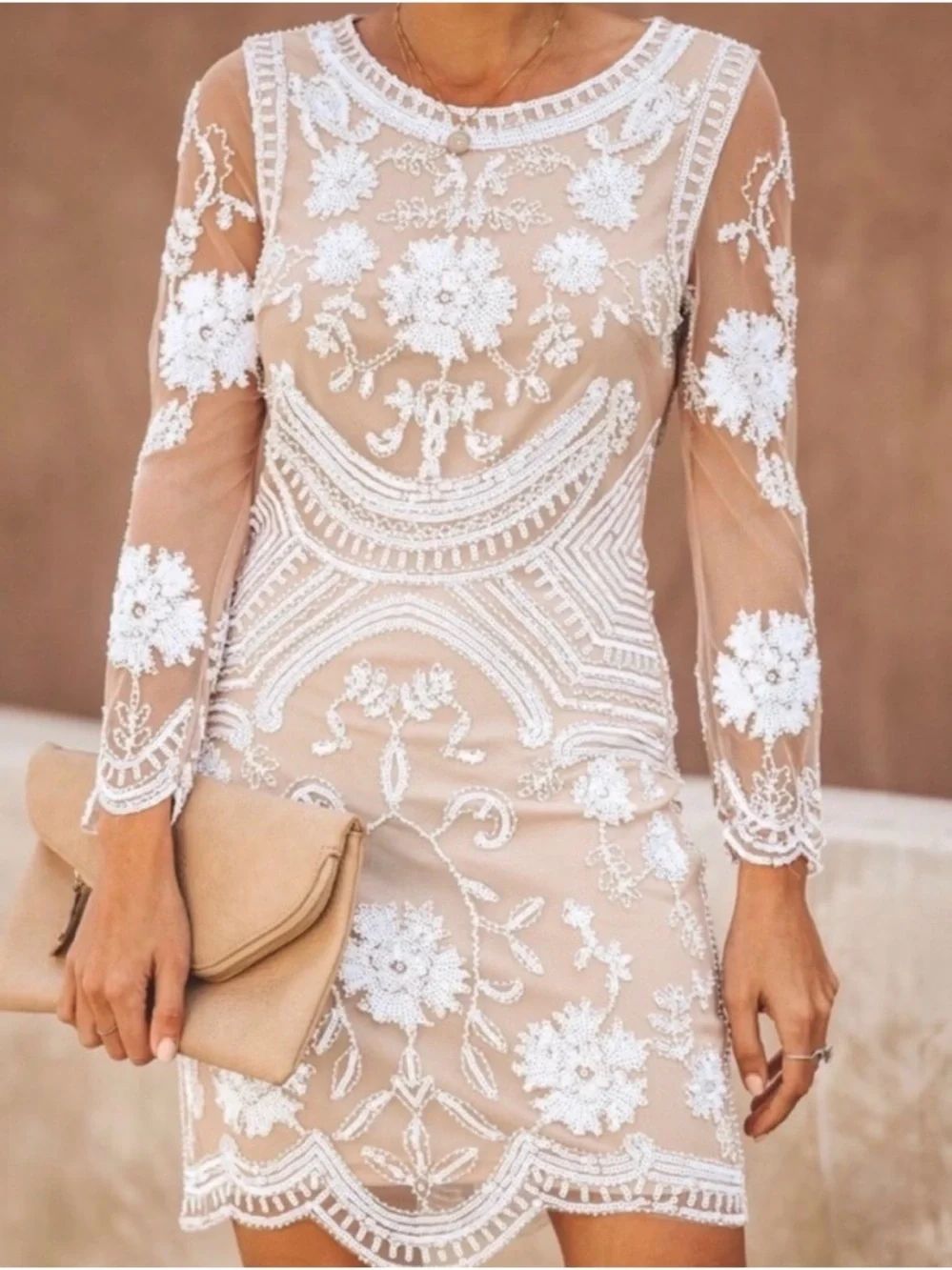 VICI Minuet Petite Nude Dress with White Floral Lace Overlay - Picture 2 of 6